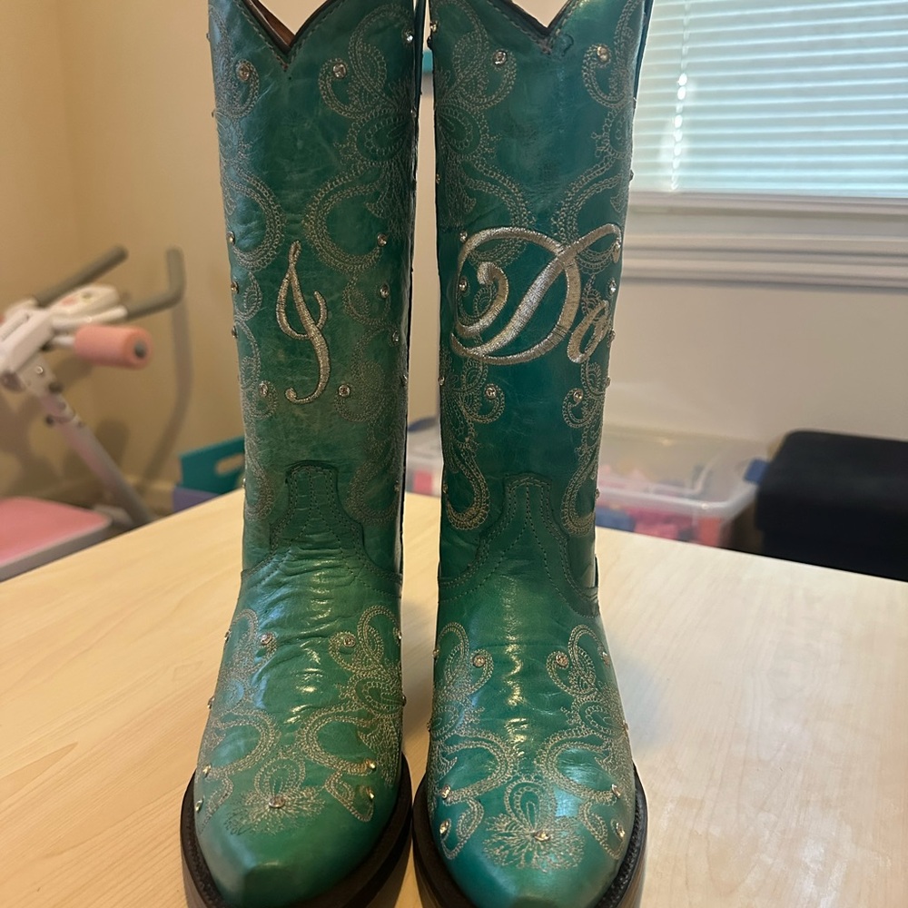 Teal “I DO” Embroidered Cowboy Boots